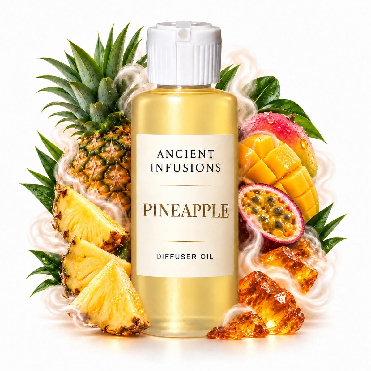 Pineapple Diffuser Oil by Ancient Infusions with golden oil, white cap and matching scent artwork
