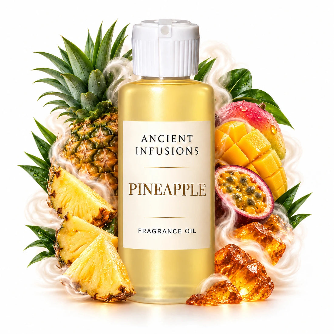 Pineapple fragrance oil by Ancient Infusions, with pale yellow oil and a tight halo representing pineapple, tropical fruit, warm amber.