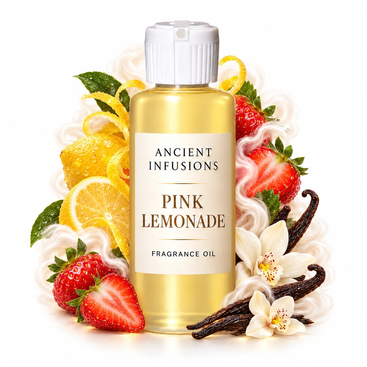 Pink Lemonade fragrance oil by Ancient Infusions, with pale yellow oil and a tight halo representing lemon zest, sweet strawberry, creamy vanilla.