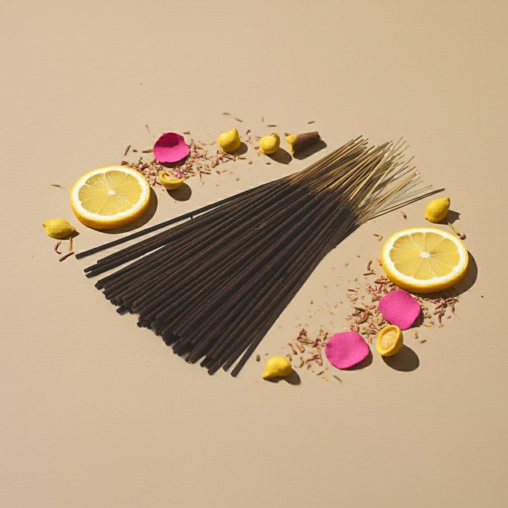 Pink Lemonade Incense Sticks with lemon slices and pink flowers on a beige background