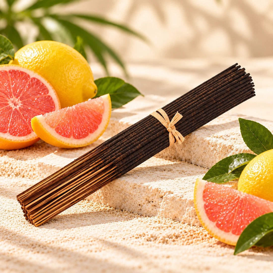 Pink Lemonade Incense Sticks with citrus fruit.
