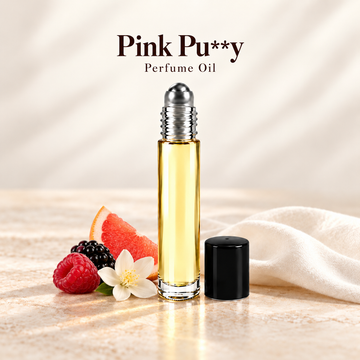 Pink Pu**y Perfume Oil with simple scent note accents on soft ivory