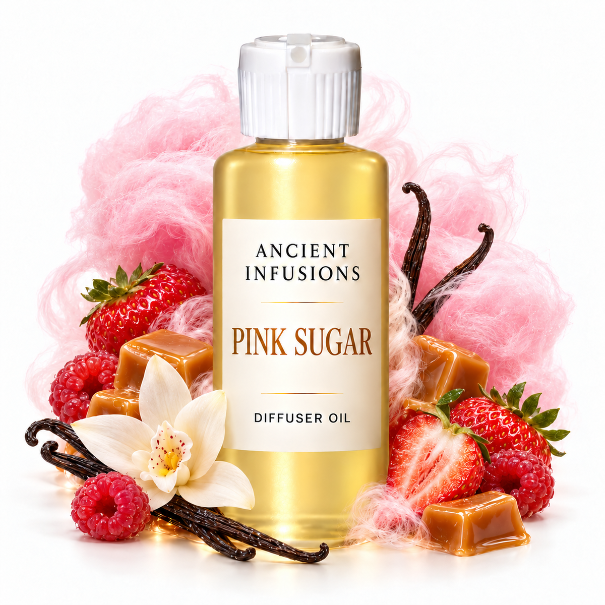 Ancient Infusions Pink Sugar Diffuser Oil with cotton candy, berries, caramel and vanilla on white