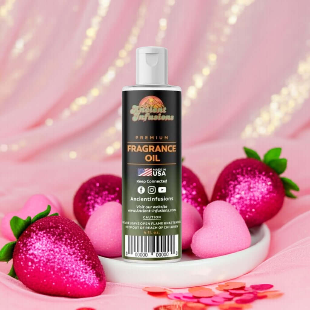 Bottle of Pink Sugar Fragrance Oil surrounded by pink hearts and strawberries on a soft pink background.