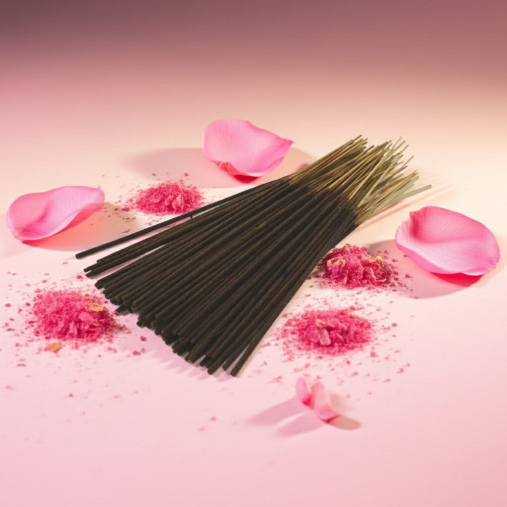 Pink Sugar Incense Sticks with pink petals and floral powder on a pink background