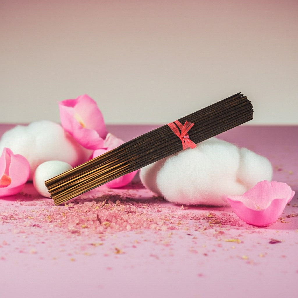 Pink Sugar Incense Sticks with a pink ribbon on a pink surface with flowers and petals.