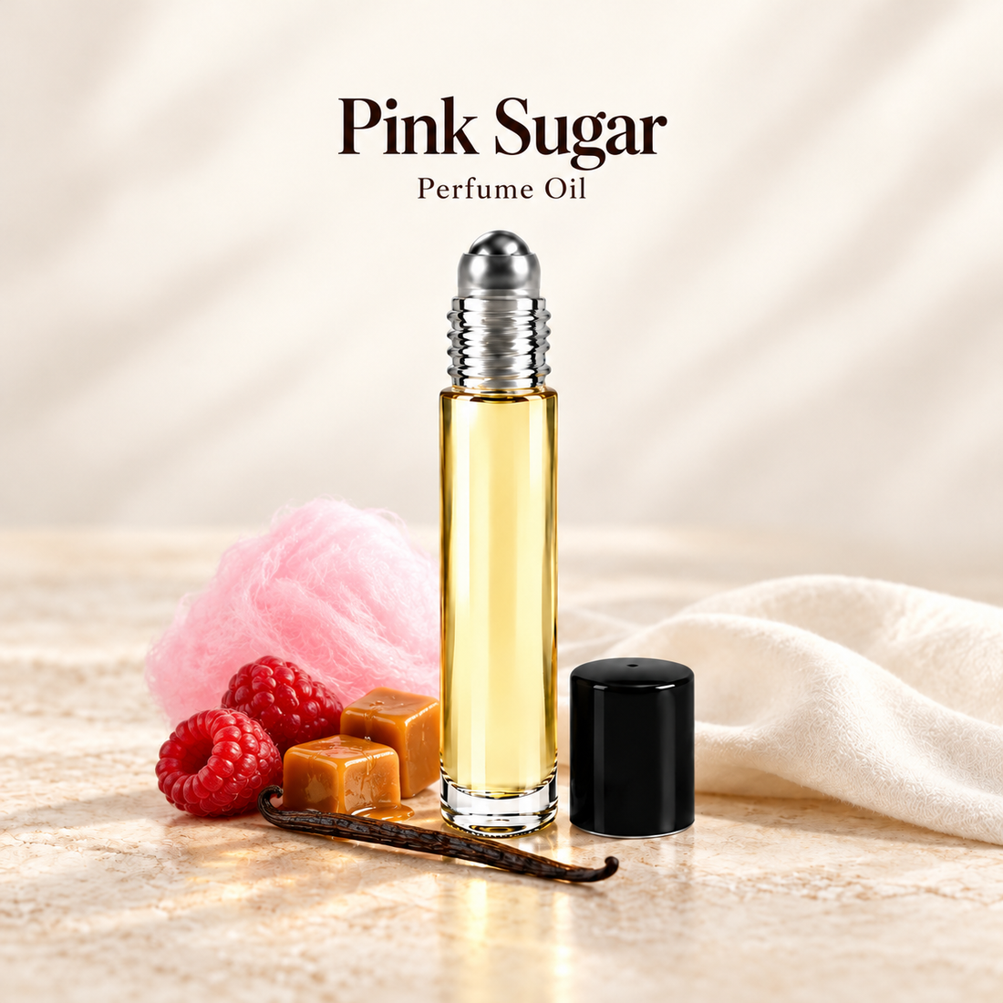 Pink Sugar Perfume Oil with simple scent note accents on soft ivory