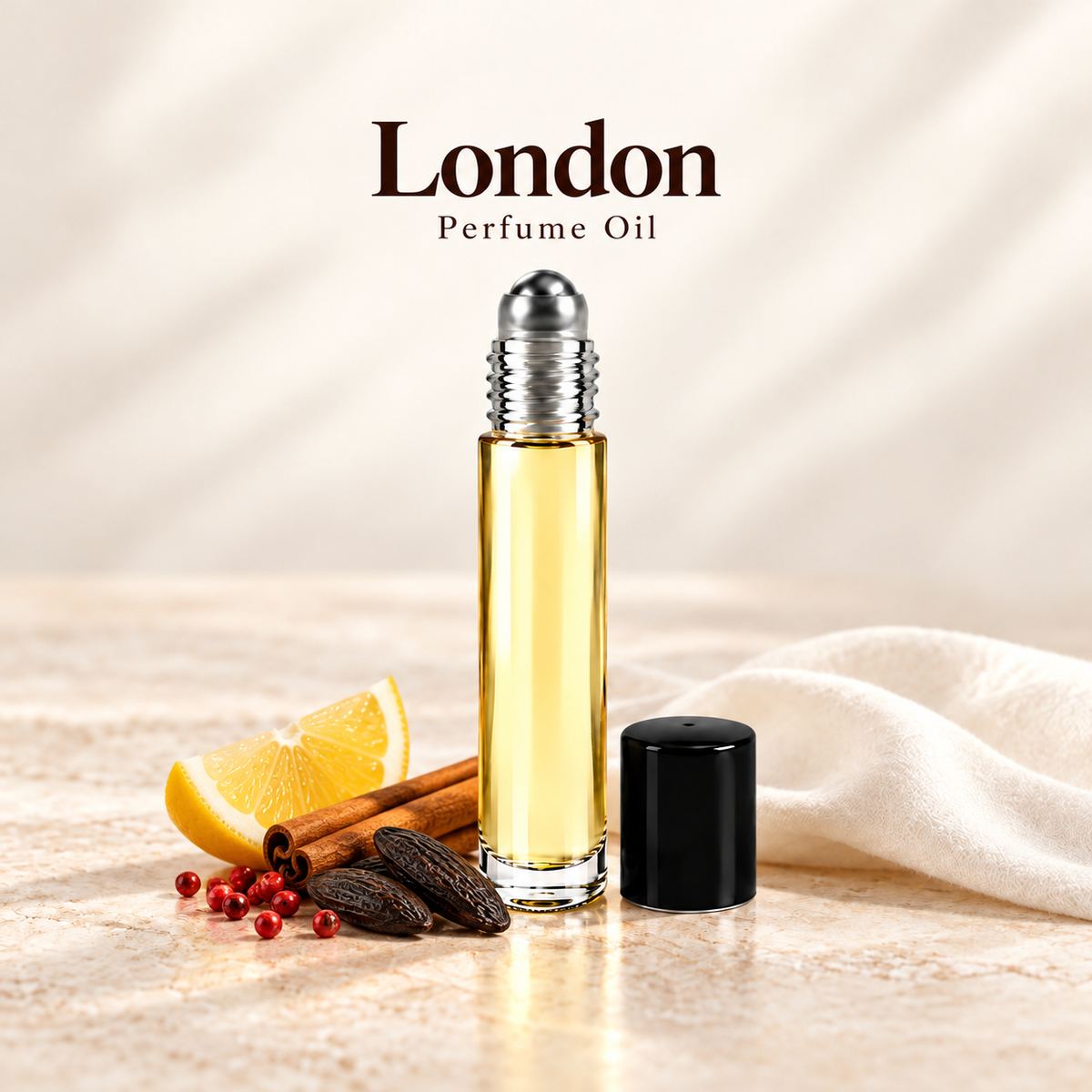 Playboy London Perfume Oil with simple scent note accents on soft ivory