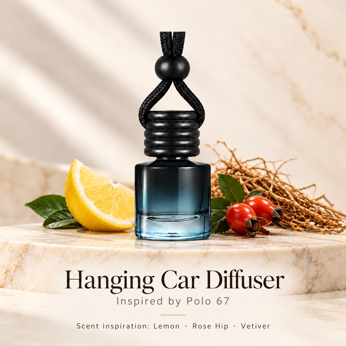 Hanging car diffuser inspired by Polo 67, with scent illustrations on warm ivory stone