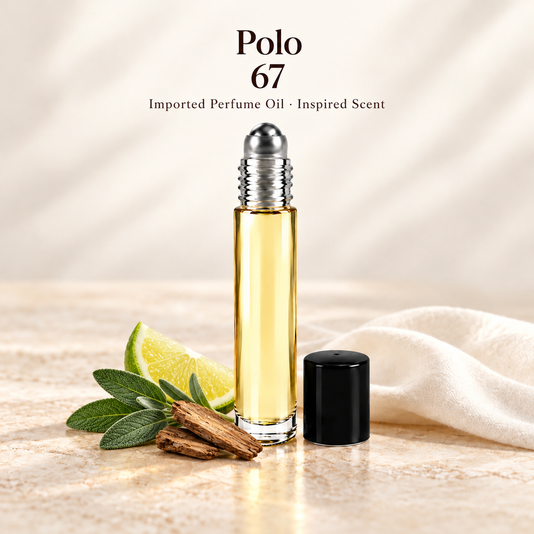 Polo 67 Perfume Oil with minimal scent note accents on soft ivory