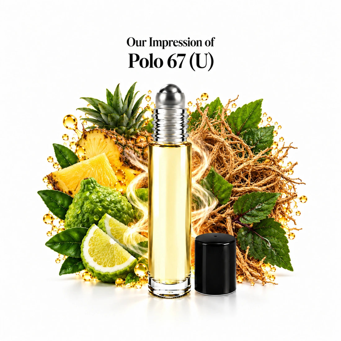 Polo 67 (U) perfume oil with a centered roll-on bottle and fragrance-note arrangement, generous white margins.