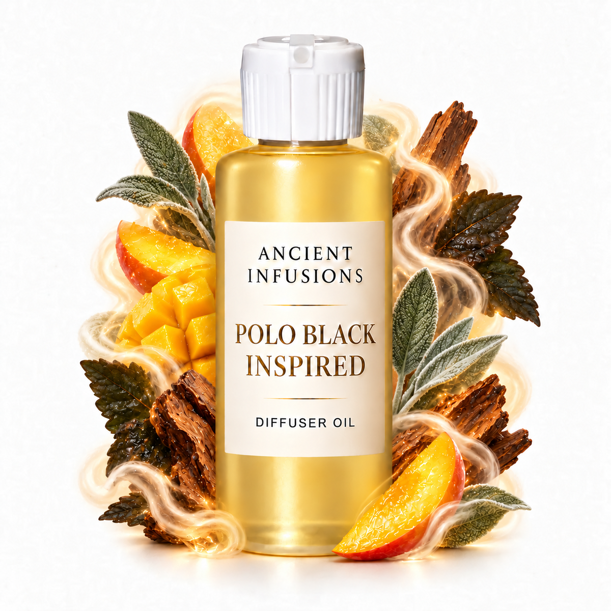 Polo Black Inspired Diffuser Oil by Ancient Infusions in a golden oil bottle with scent artwork