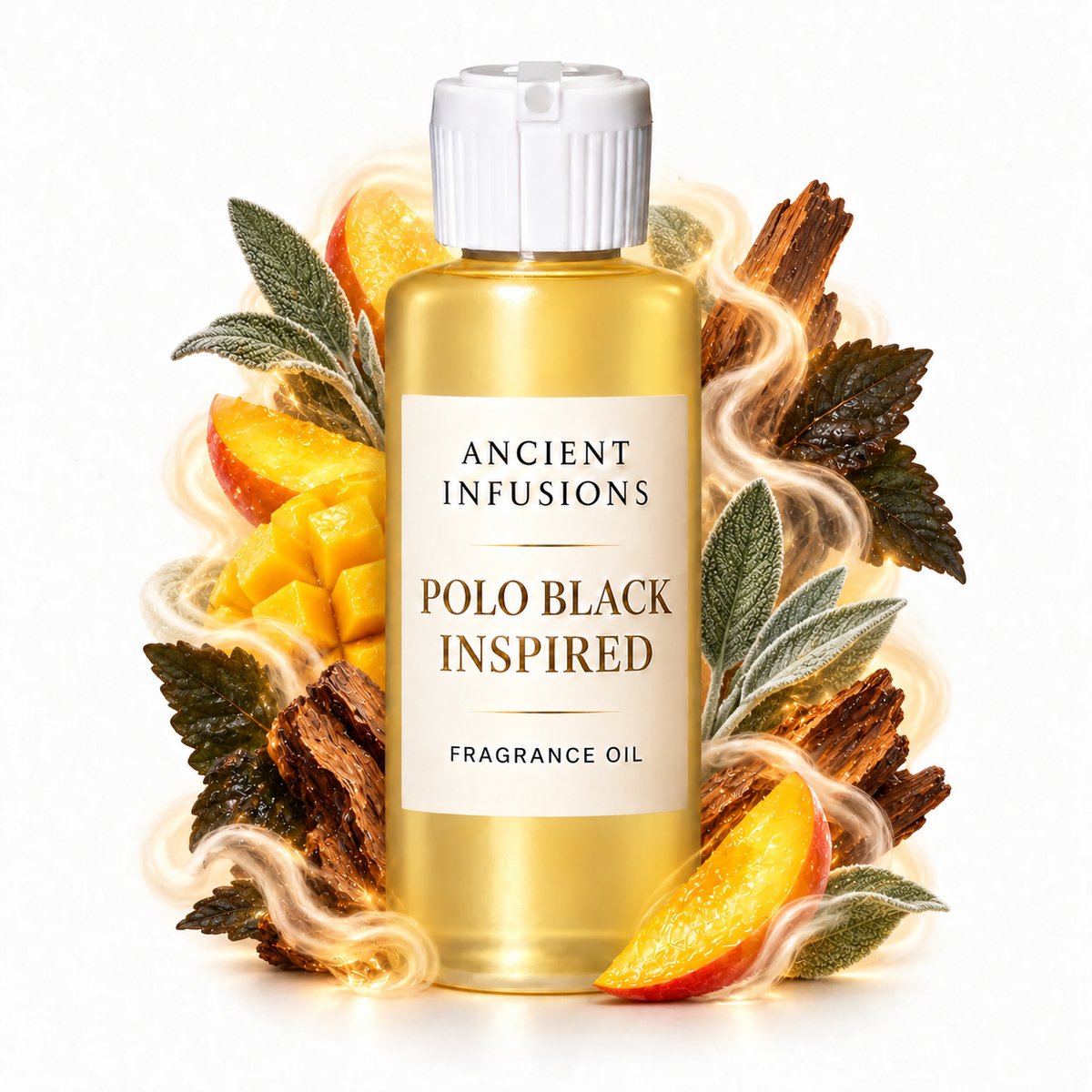 Polo Black Inspired Fragrance Oil by Ancient Infusions in a golden oil bottle with scent artwork