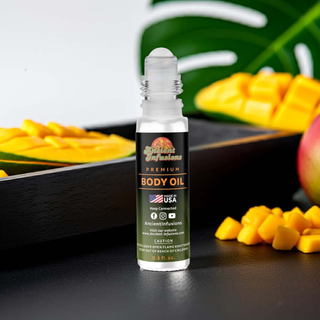 Polo Black Inspired Body Oil bottle with sliced mango in background emphasizing fresh scent, alcohol-free fragrance oil.