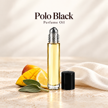 Polo Black Perfume Oil with simple scent note accents on soft ivory