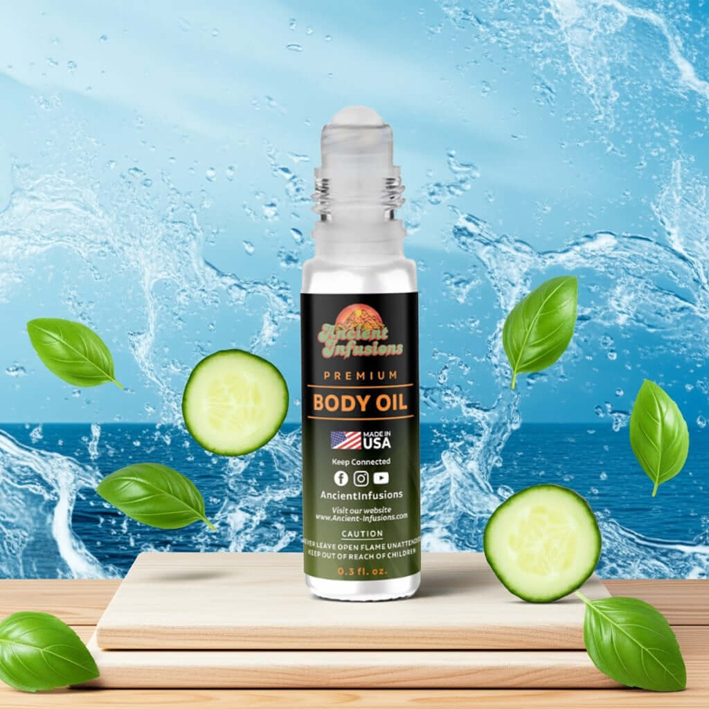 Polo Blue Inspired Body Oil with fresh cucumber and basil background, pure and uncut fragrance, alcohol-free premium body oil