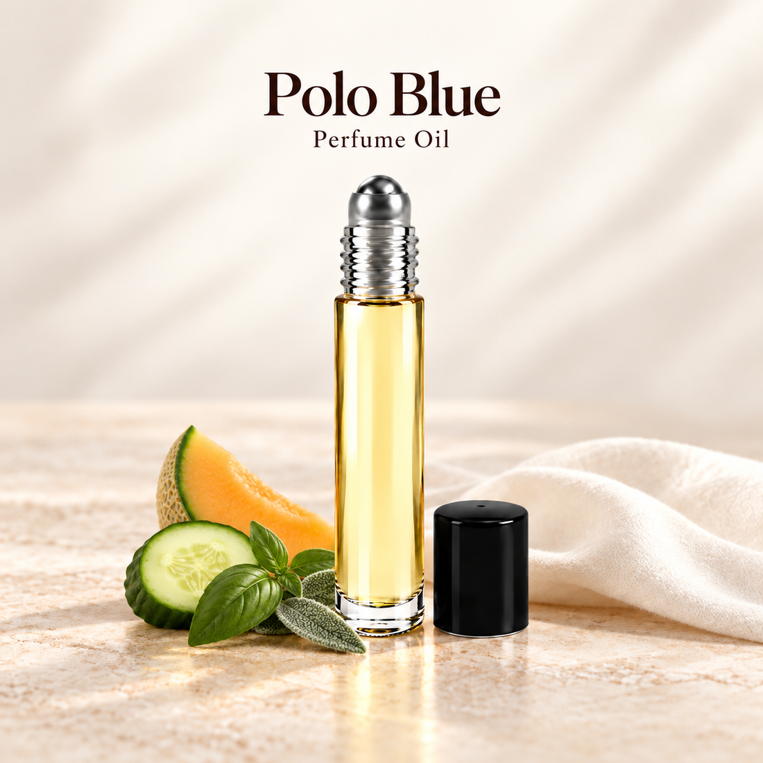 Polo Blue Perfume Oil with simple scent note accents on soft ivory