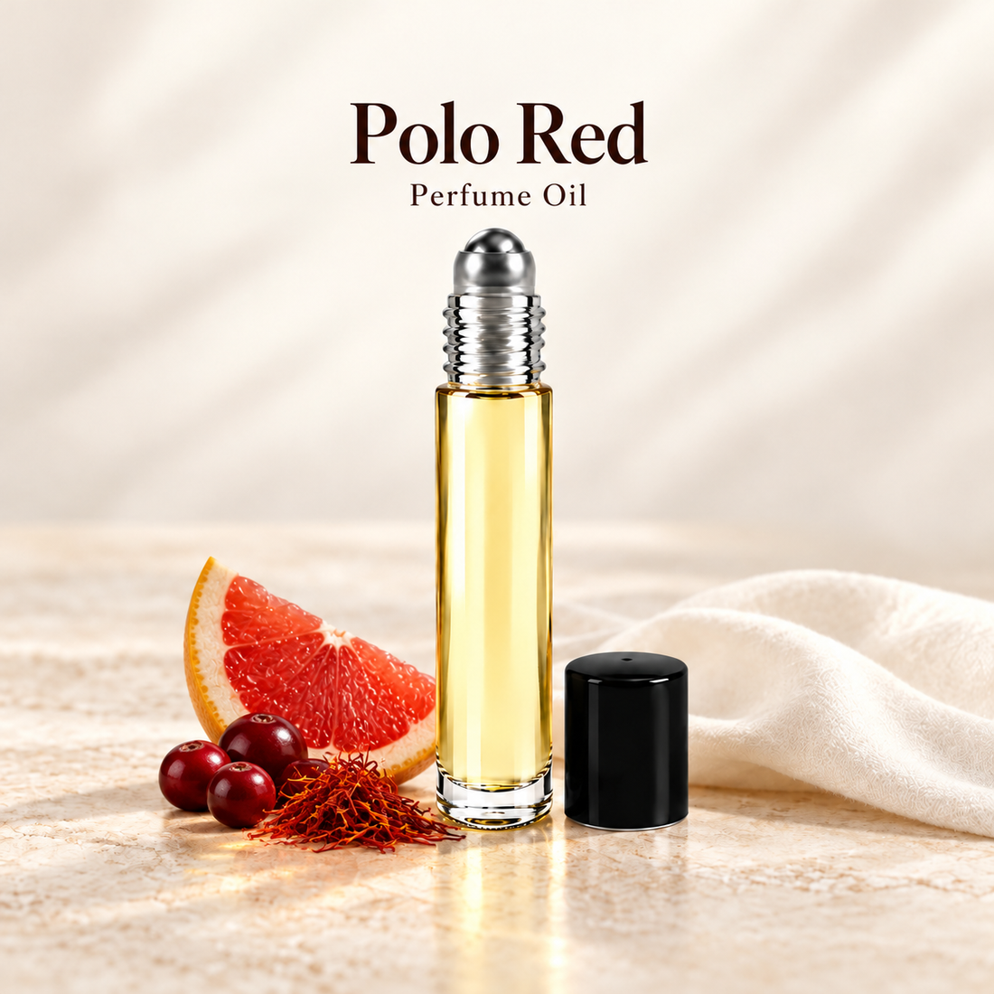 Polo Red Perfume Oil with simple scent note accents on soft ivory