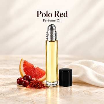 Polo Red Perfume Oil with simple scent note accents on soft ivory