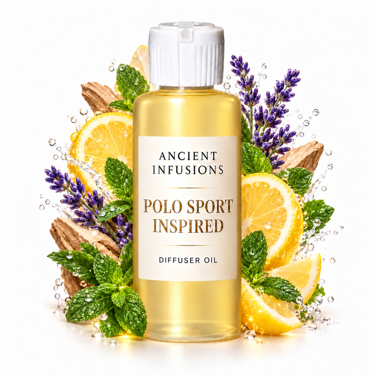 Polo Sport Inspired Diffuser Oil by Ancient Infusions in a golden oil bottle with scent artwork