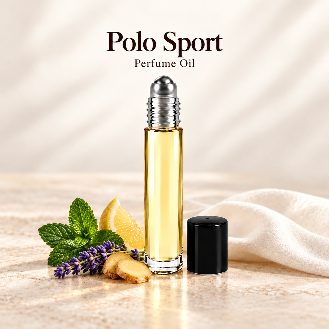 Polo Sport Perfume Oil with simple scent note accents on soft ivory
