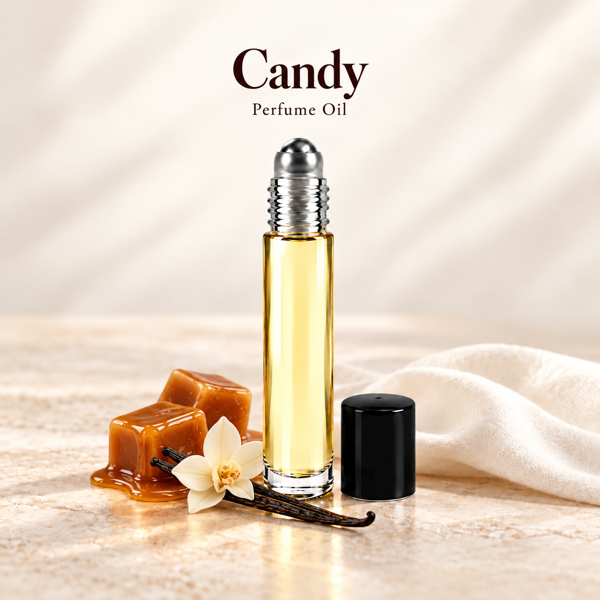 Prada Candy Perfume Oil with simple scent note accents on soft ivory