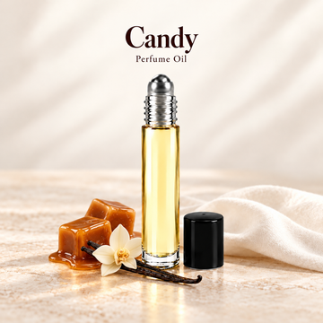 Prada Candy Perfume Oil with simple scent note accents on soft ivory