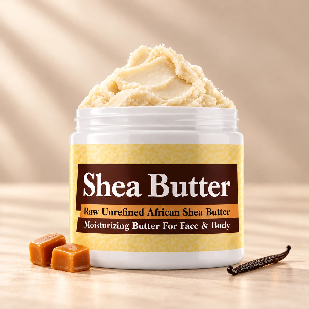 Prada Candy Shea Butter in an open white jar with textured ivory shea butter and simple scent accents on a soft cream background.