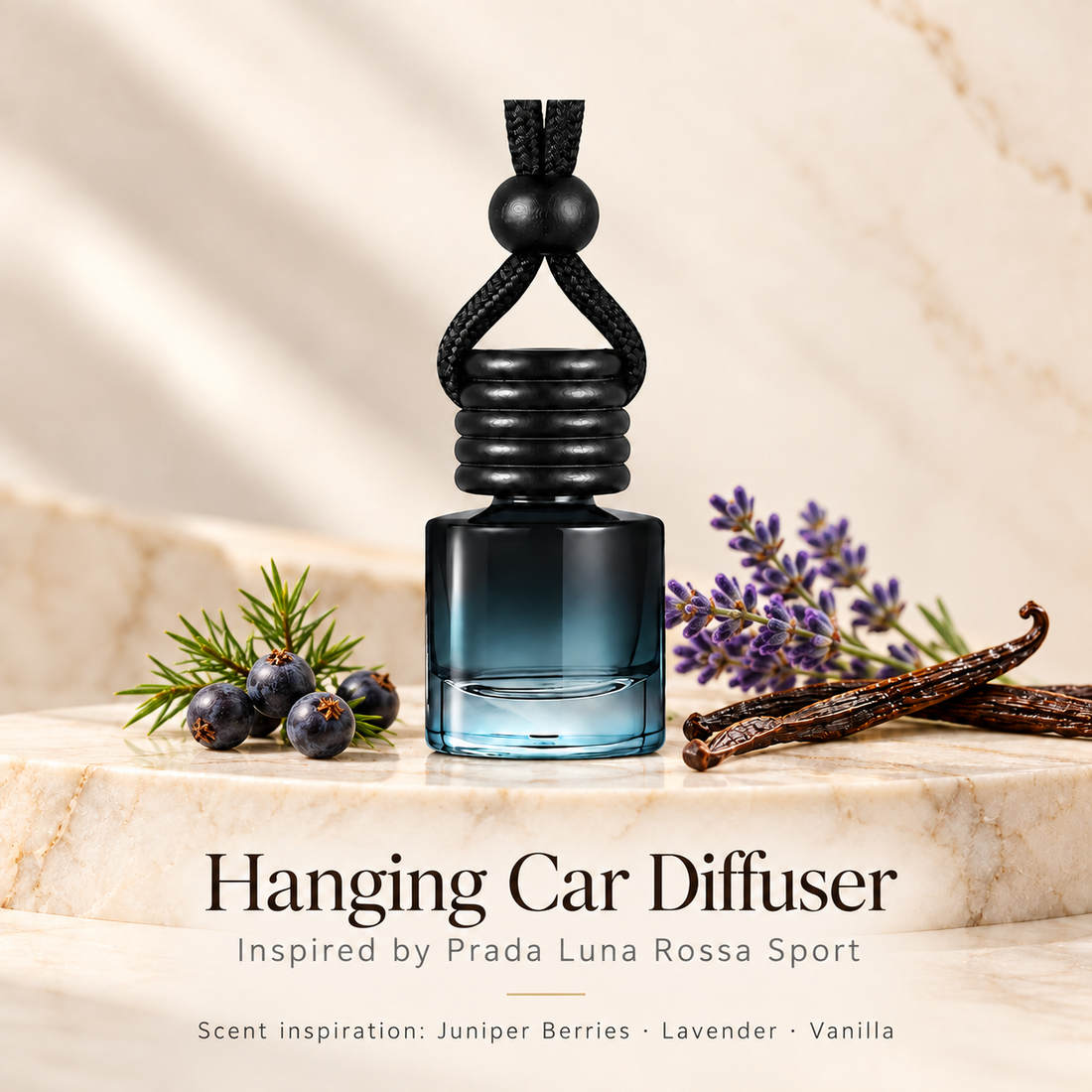 Hanging car diffuser inspired by Prada Luna Rossa Sport, with scent illustrations on warm ivory stone