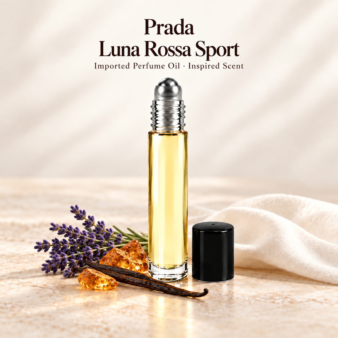 Prada Luna Rossa Sport Perfume Oil with minimal scent note accents on soft ivory
