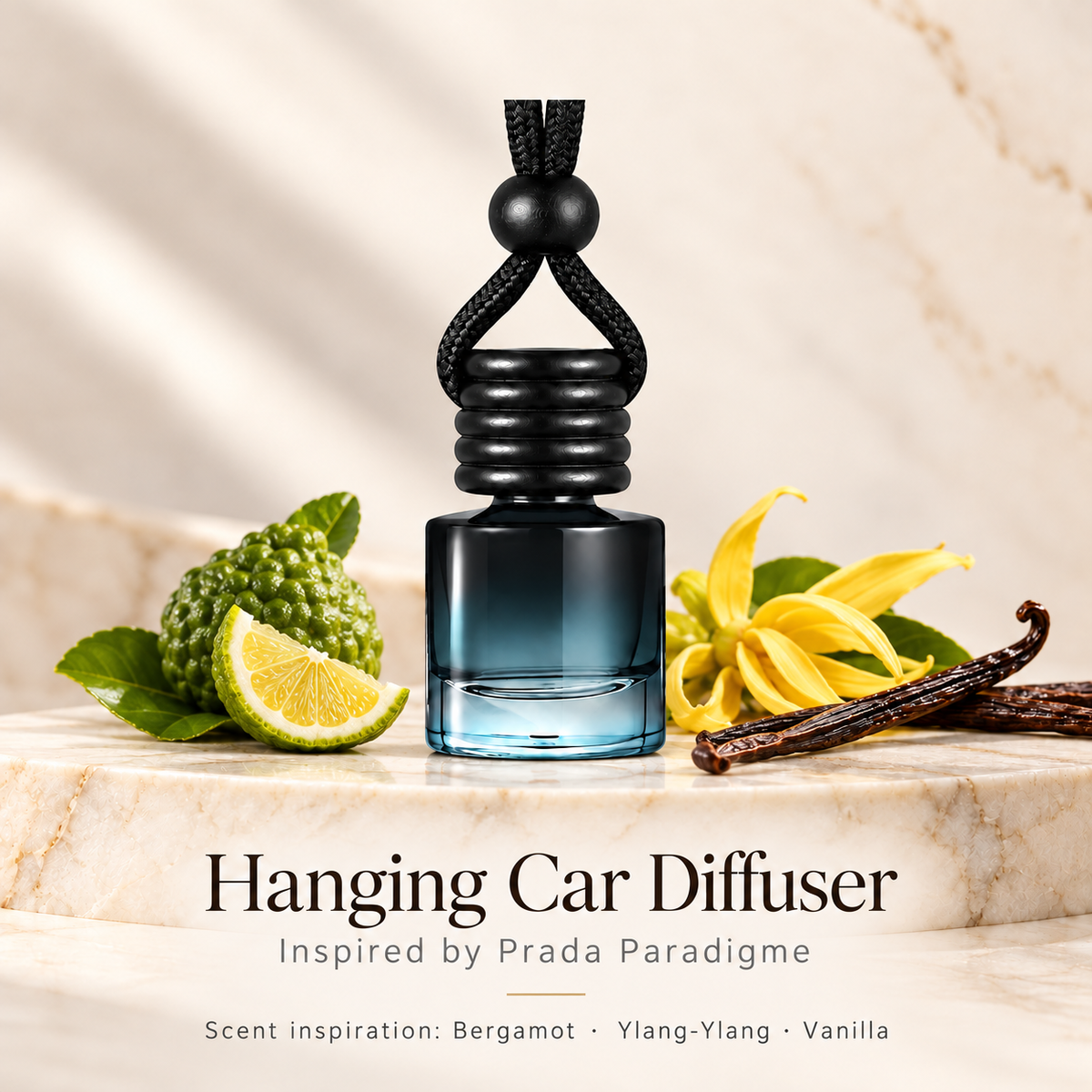 Hanging car diffuser inspired by Prada Paradigme, with scent illustrations on warm ivory stone