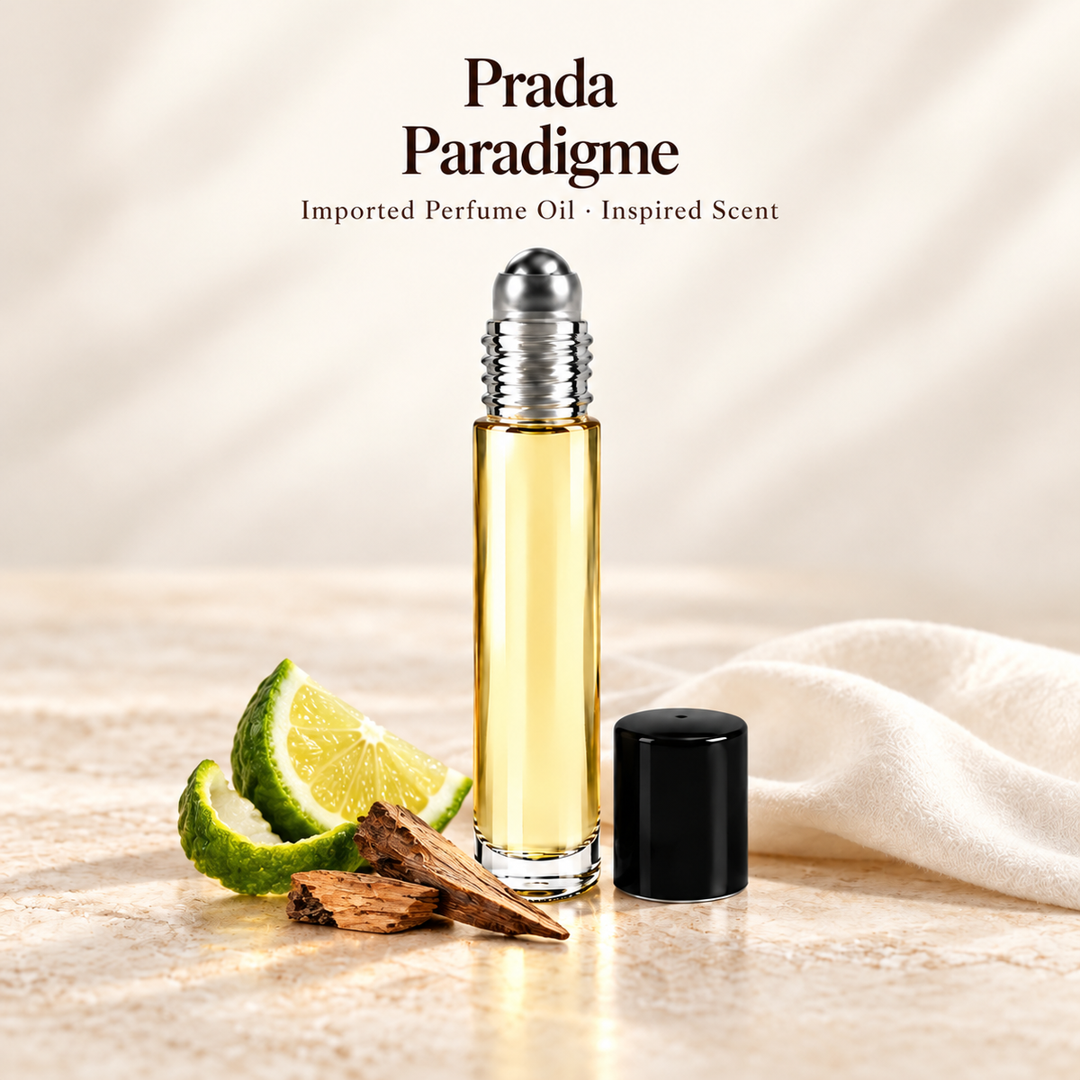 Prada Paradigme Perfume Oil with minimal scent note accents on soft ivory