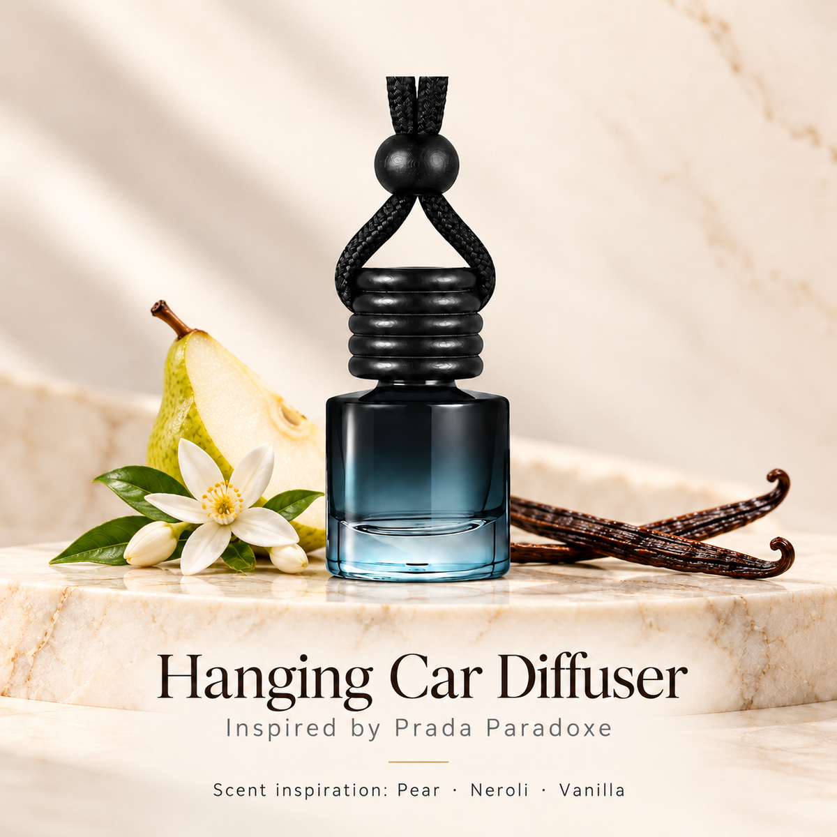 Hanging car diffuser inspired by Prada Paradoxe, with scent illustrations on warm ivory stone