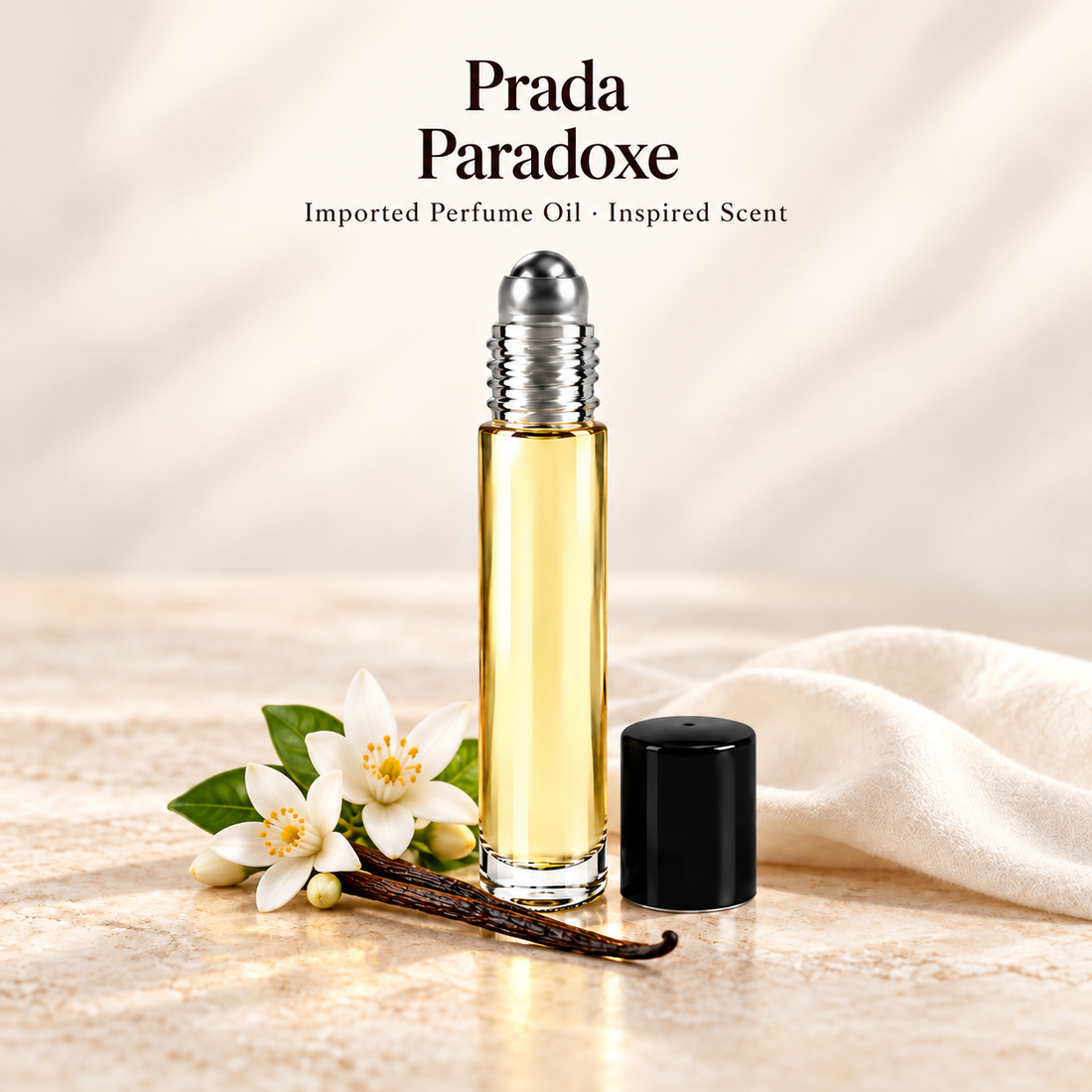 Prada Paradoxe Perfume Oil with minimal scent note accents on soft ivory
