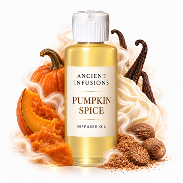 Pumpkin Spice Diffuser Oil by Ancient Infusions with golden oil, white cap and matching scent artwork