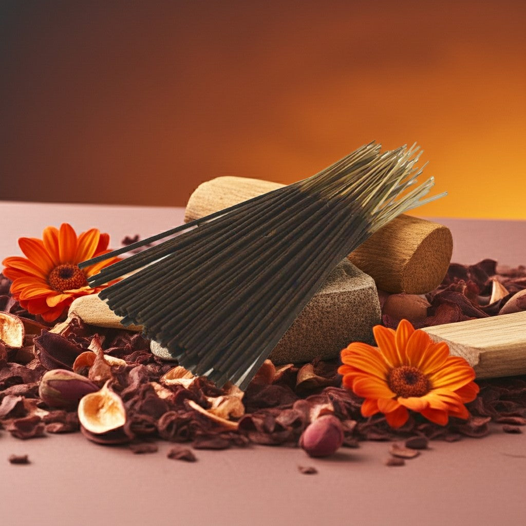 Pumpkin Spice Incense Sticks with orange flowers and wooden elements on a warm-toned background