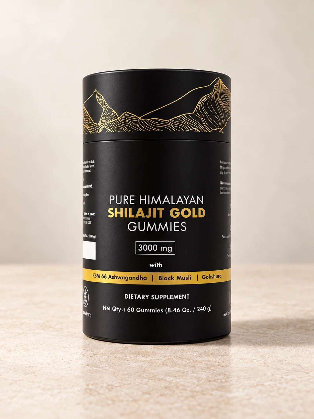 Himalayan Shilajit Gummies 3000 mg 30 Day product packaging on a warm ivory background