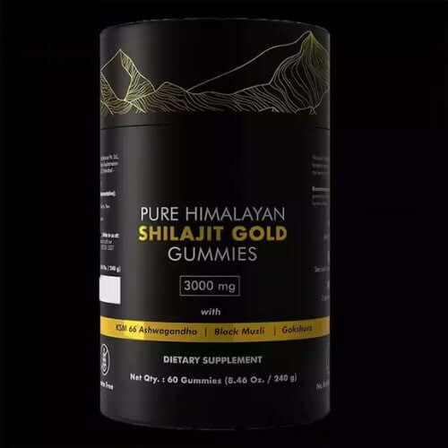 Black container of Pure Himalayan Shilajit Gummies with yellow text on a decorative background