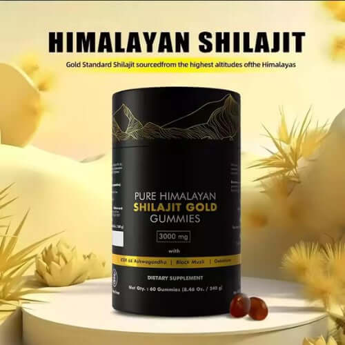 Black container of Pure Himalayan Shilajit Gummies with yellow text on a decorative background