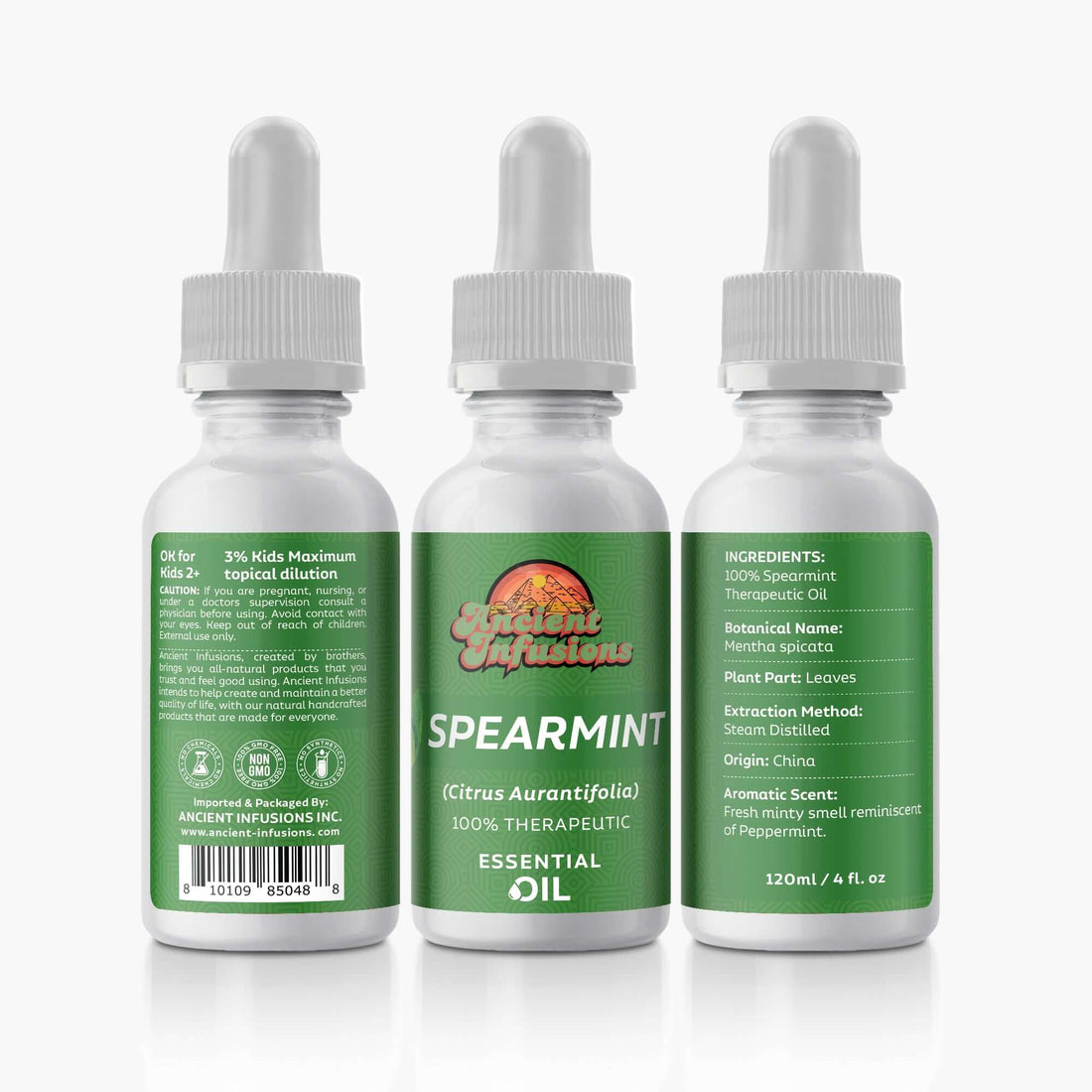 Spearmint Essential Oil bottle with fresh spearmint leaves, symbolizing focus and revitalization.