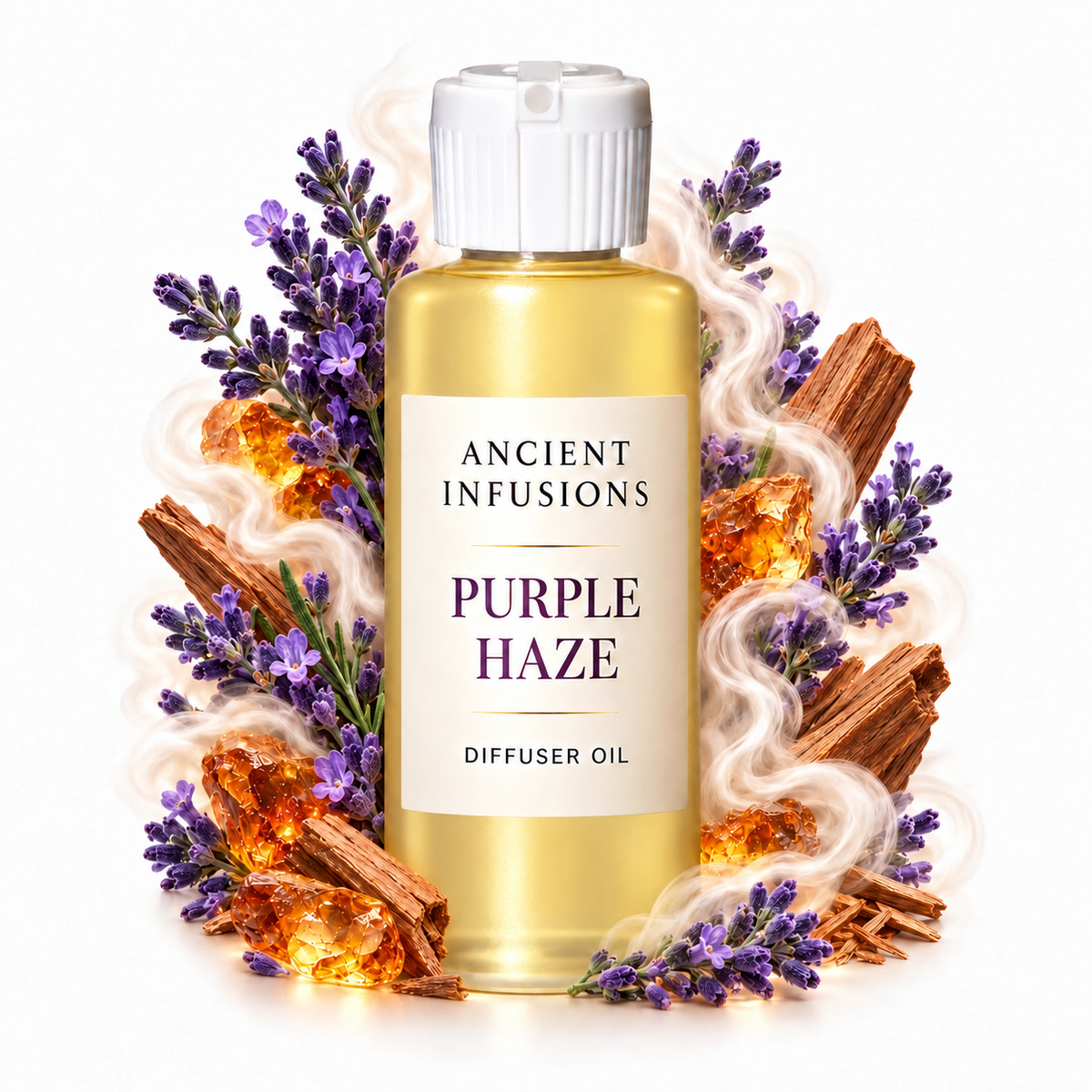 Purple Haze Diffuser Oil by Ancient Infusions with golden oil, white cap and matching scent artwork