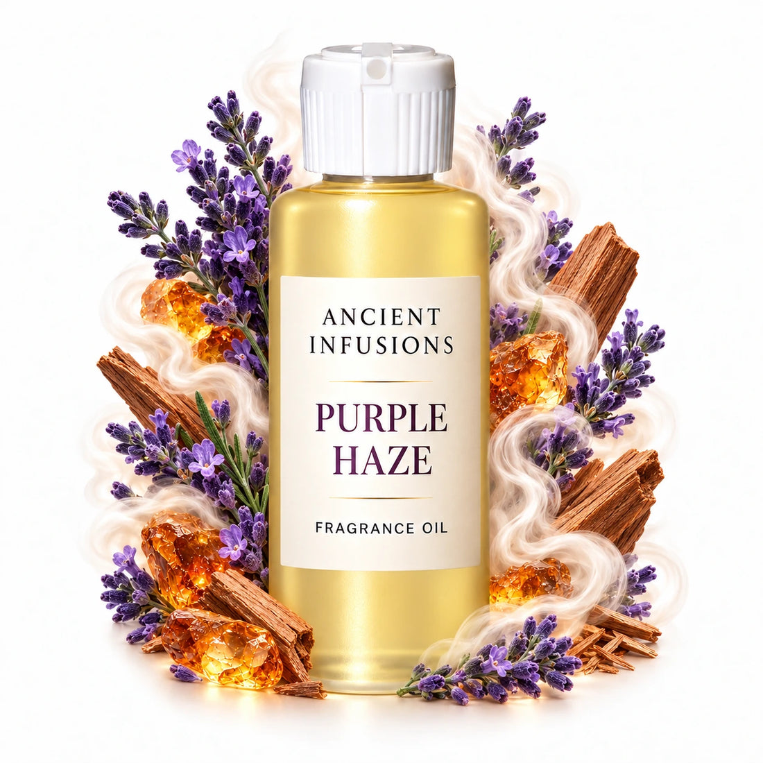 Purple Haze fragrance oil by Ancient Infusions, with pale yellow oil and a tight halo representing lavender, amber, sandalwood.