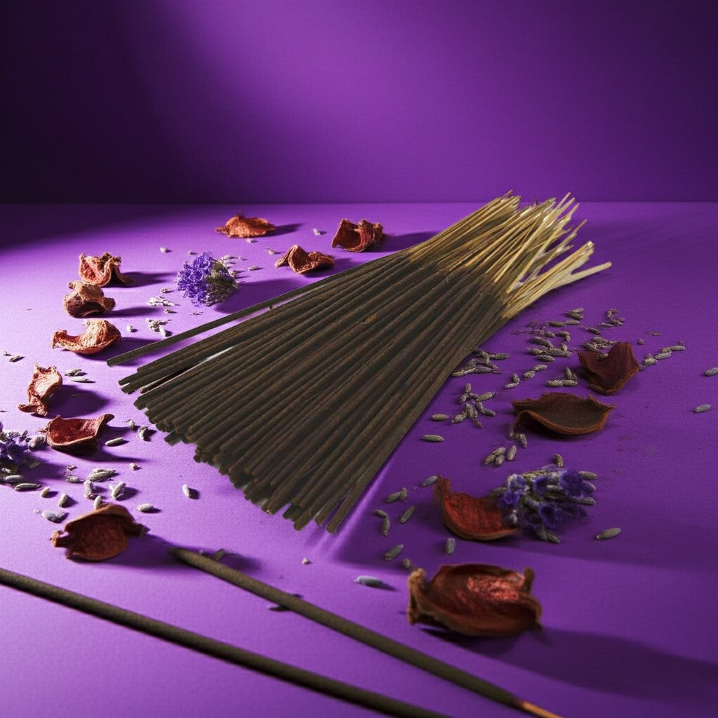 Purple Haze Incense Sticks with a red label on a purple background with flowers and incense cones.