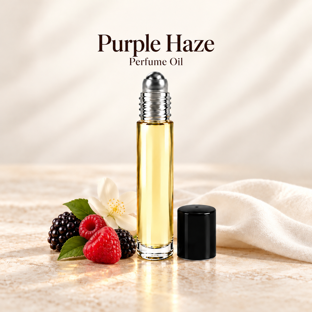 Purple Haze Perfume Oil with simple scent note accents on soft ivory