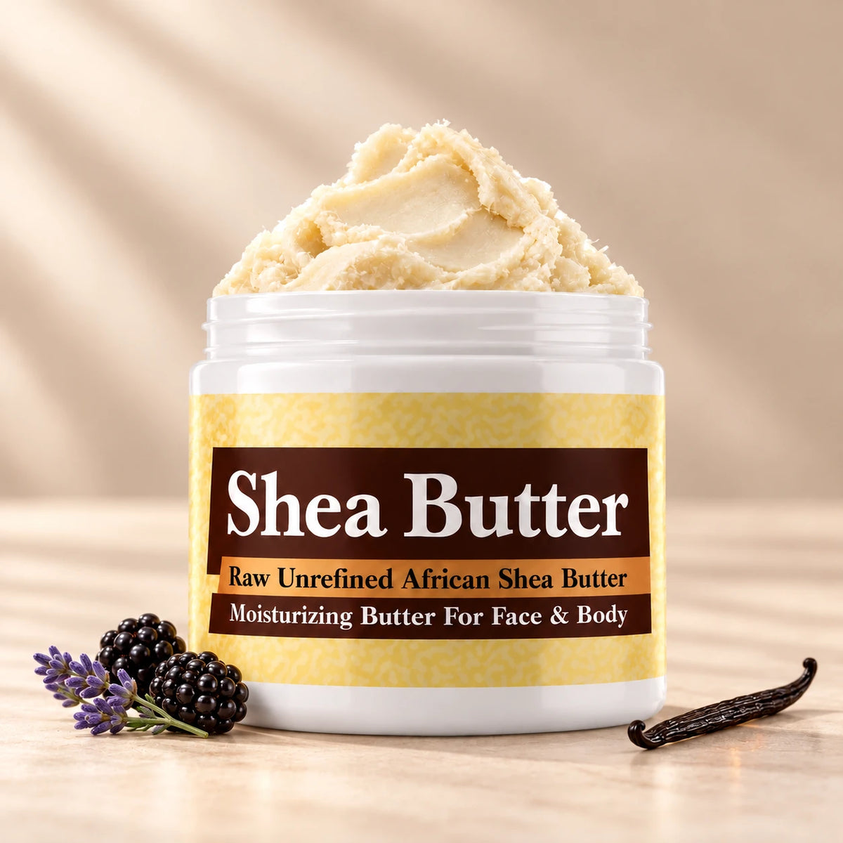 Purple Haze Shea Butter in an open white jar with textured ivory shea butter and simple scent accents on a soft cream background.