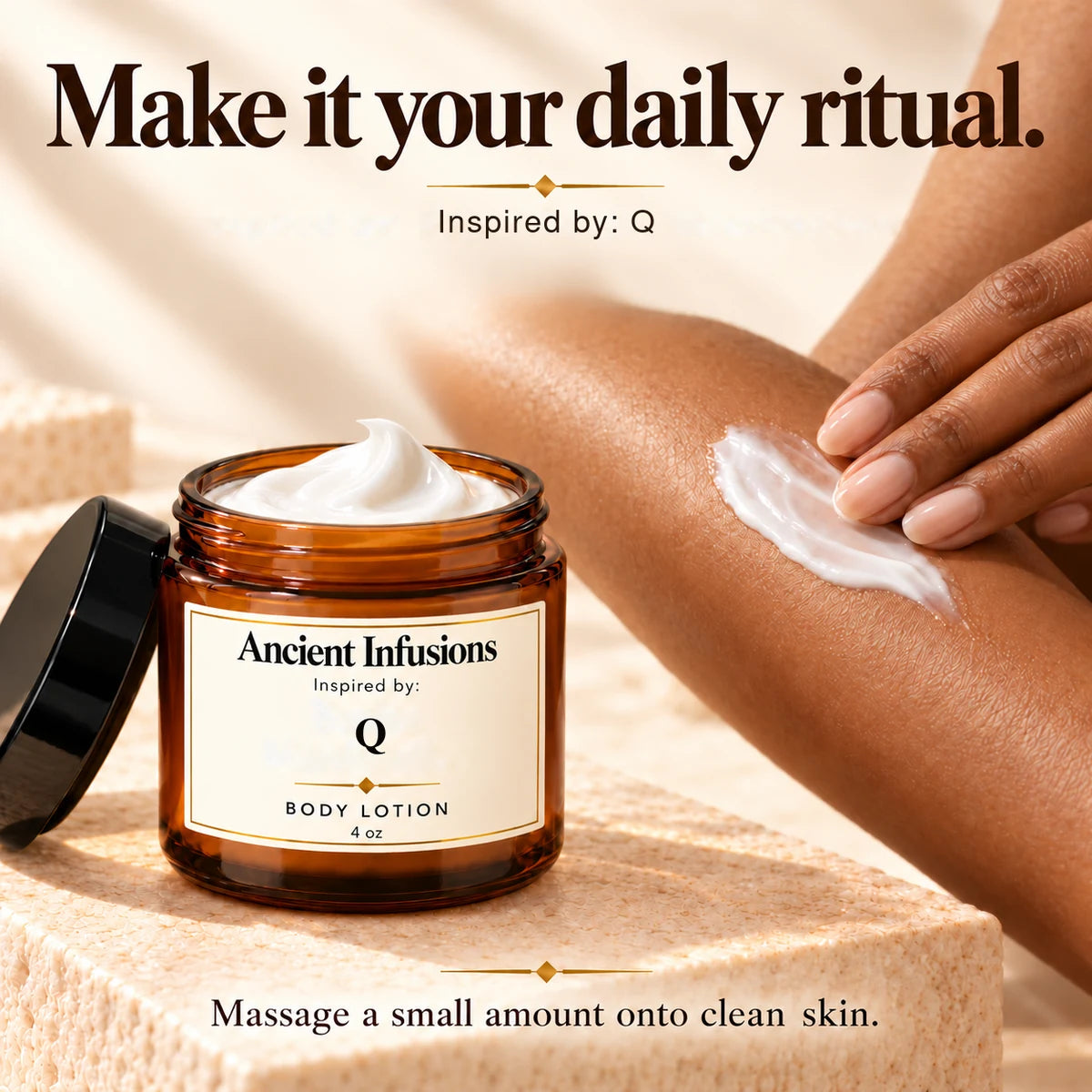 Q Inspired Body Lotion by Ancient Infusions — how to apply lotion