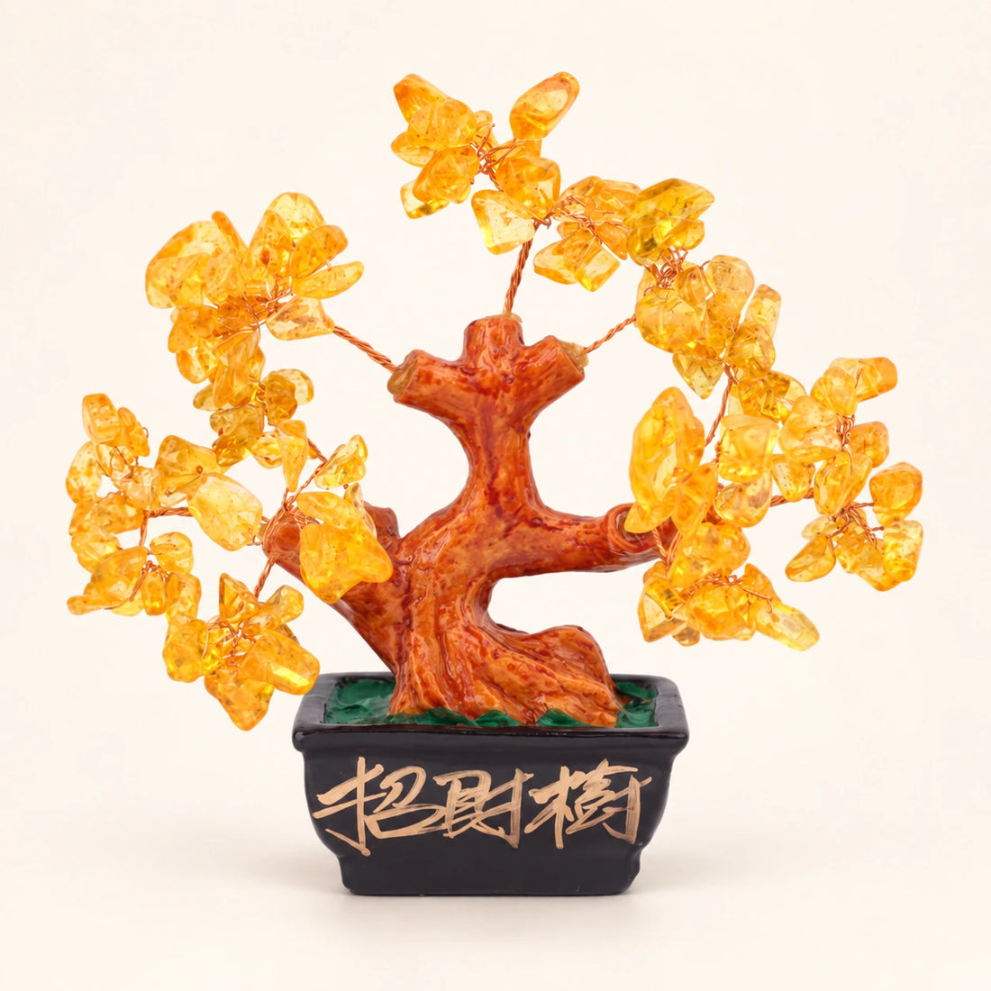 Citrine Bonsai Crystal Tree on a soft ivory background; view 1.