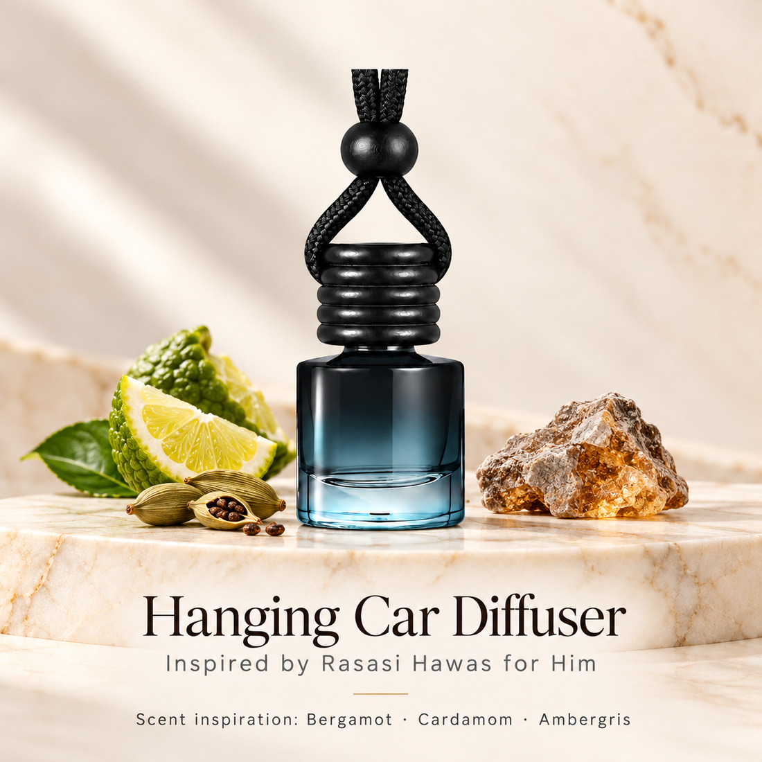 Hanging car diffuser inspired by Rasasi Hawas for Him, with scent illustrations on warm ivory stone