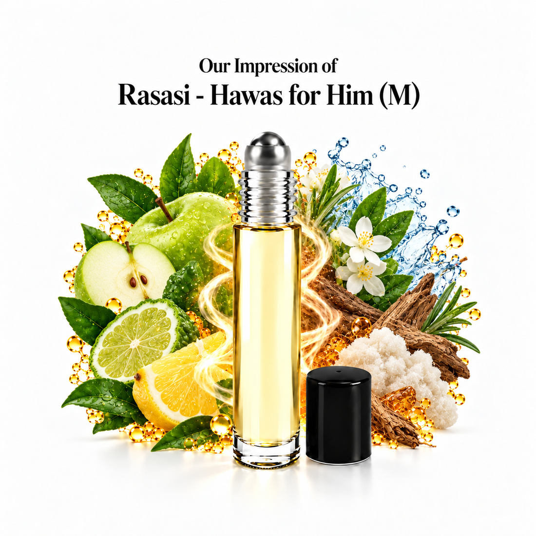 Our impression of Rasasi - Hawas for Him Perfume Oil with fragrance notes on white