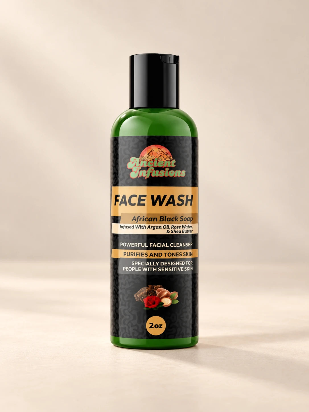 Raw African Black Soap Face Wash by Ancient Infusions on a warm ivory background